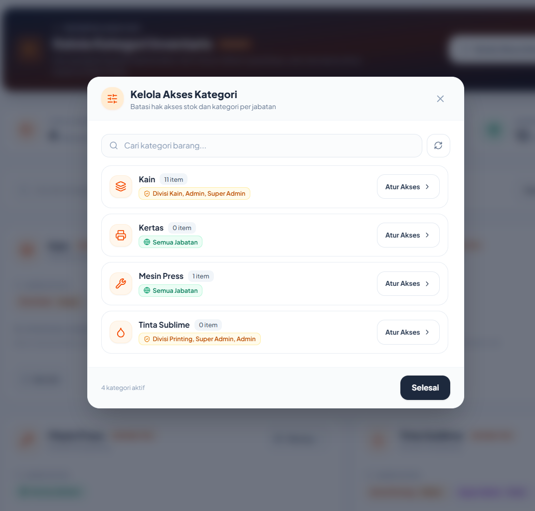 Modal daftar Kelola Akses Kategori untuk melihat status akses seluruh kategori konveksi